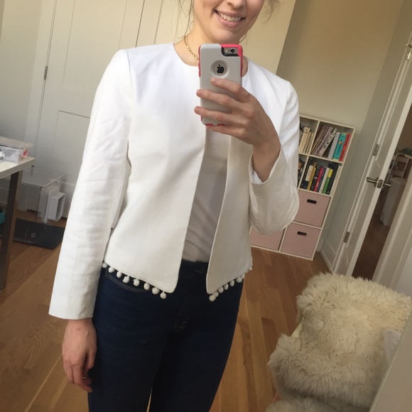 J Crew White Linen Cropped Pom-Pom Jacket - Picture 1 of 9